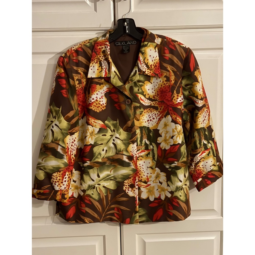 Silkland Floral Print Silk Blazer Jacket Brown Red Green Womens‎ Size 12